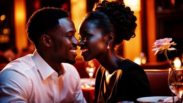 Young ebony couple showing affection laughing at dinner date in restaurant generative AI