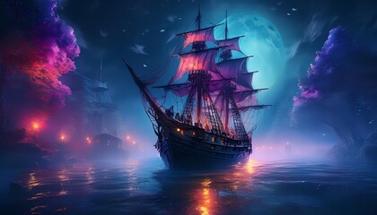 Fototapeta premium A ghost ship sailing through foggy waters at night
