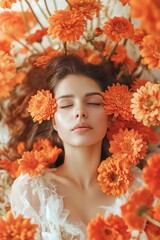 Woman lies on orange flowers, surrounded by vibrant colors. Gazes downwards, tranquil. Image features stunning woman in bed of flowers, with background. Perfume fragrance concept.