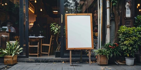Black empty blank big chalkboard menu sign on the street outside of cafe, bar or restaurant with copy space for your text