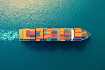  large ship is sailing in the ocean with a blue sky in the background. The ship is colorful and has a lot of cargo