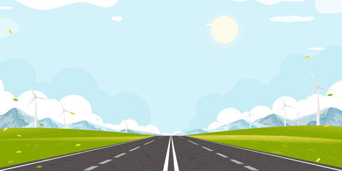 Environmental Background,Spring landscape green field with windmill on mountain,blue sky,cloud with Asphalt highway through countryside,Vector Rural with wind turbines installed as renewable station