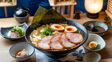 A bowl of authentic Japanese ramen with sliced pork, soft-boiled egg, and green onions served in a rich broth, set against a soft, traditional Japanese restaurant background. 