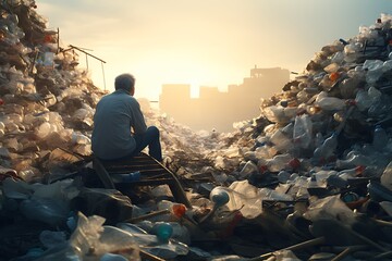 Man sitting on the floor in a trash dump and looking at the trash