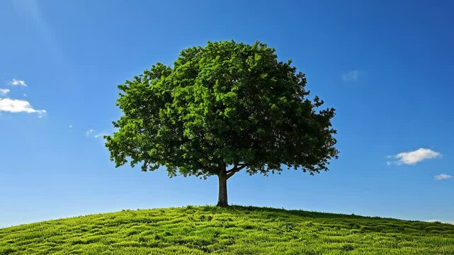 A solitary tree stands tall on a grassy hill under a clear blue sky during a sunny afternoon
