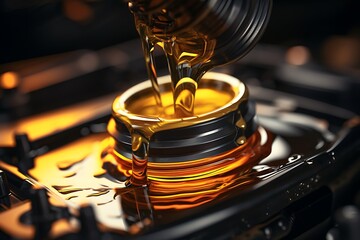 Pouring maple syrup into glass bowl on dark background, closeup