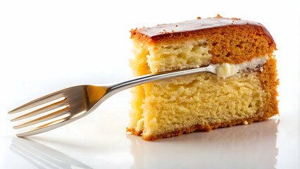 Delicious slice of layered cake with white frosting
Fork taking a bite of a tempting cake
Warm-colored cake with a creamy white frosting