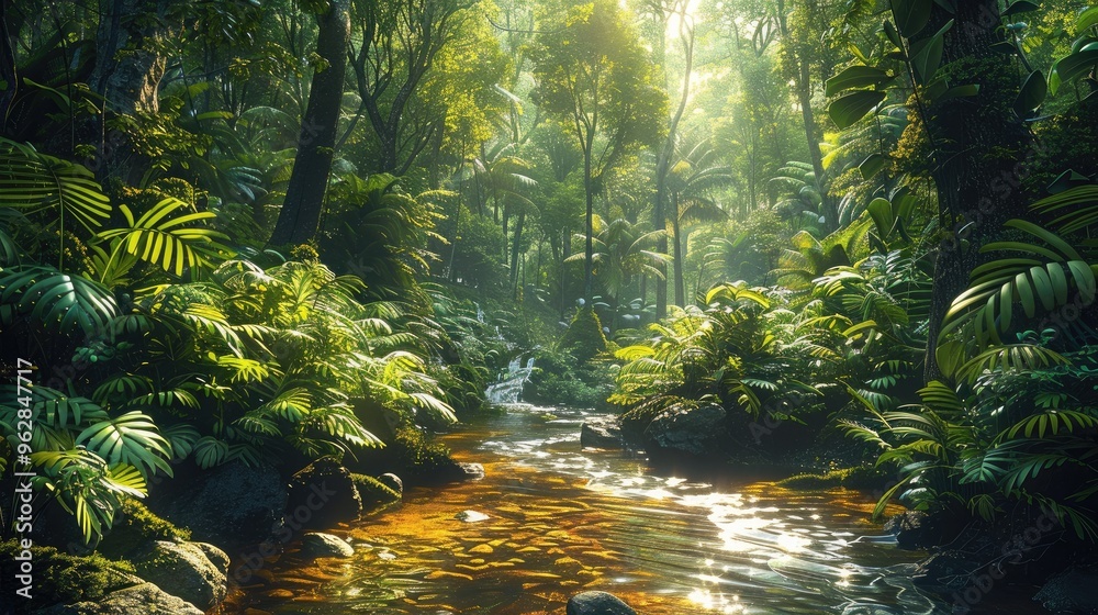 Poster A lush green forest, surrounded by towering trees and a stream running through it. The background is a dense jungle. Generative AI.