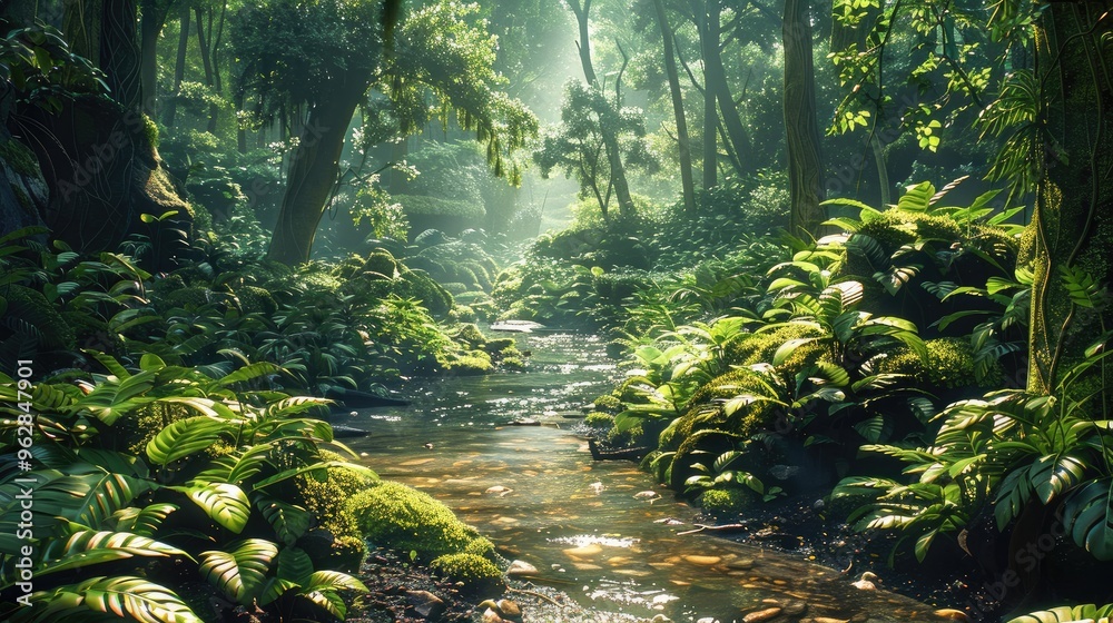 Aufkleber A lush green forest, surrounded by towering trees and a stream running through it. The background is a dense jungle. Generative AI.