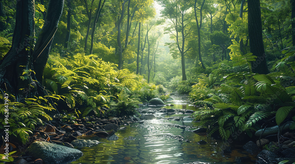 Aufkleber A lush green forest, surrounded by towering trees and a stream running through it. The background is a dense jungle. Generative AI.