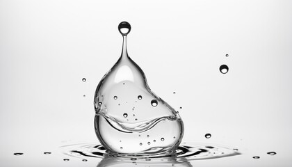Water droplet has landed in a shallow pool, shaping into a heart. Nearby droplets create ripples around the main splash