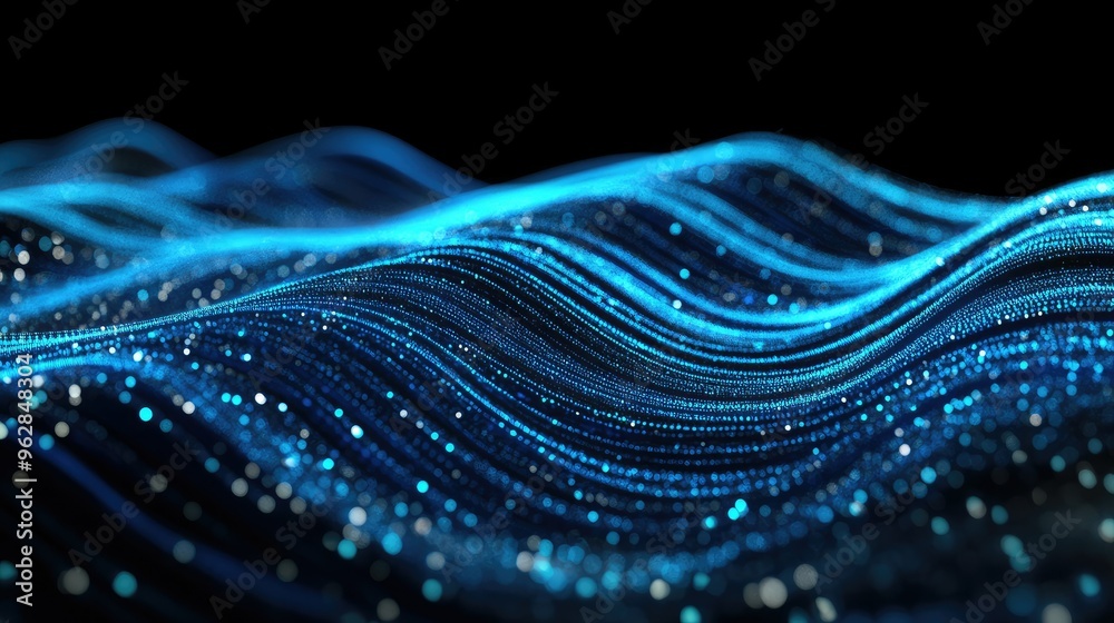 Poster 3d abstract digital interface with blue horizontal particle lines flowing smoothly on a black backgr
