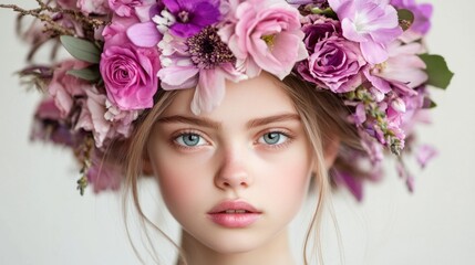 A young woman gazes serenely at the camera, wearing a vibrant floral crown made of pink flowers. The soft lighting highlights her striking blue eyes and delicate features
