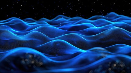 Obraz premium 3D blue particles forming horizontal lines that ripple and undulate on a black background, perfect for abstract digital interface and tech-themed visuals.