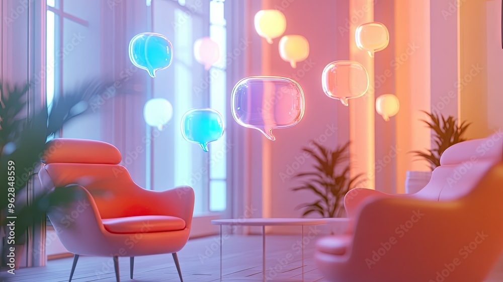 Poster 3d shiny chat bubbles hovering in a contemporary room with ample light, emphasizing advanced digital