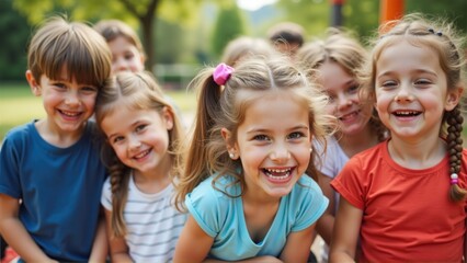 A group of cheerful children share laughter in a vibrant park, enjoying their time together on a warm summer afternoon, surrounded by lush greenery and bright sunlight