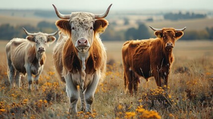 Long haired cattle, standing on pasture, nature. Generative AI.
