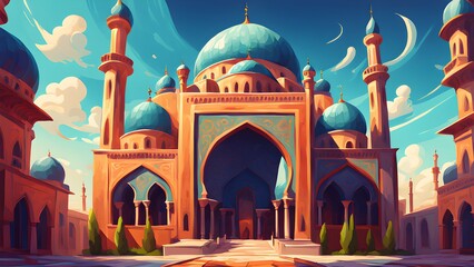 A large building with blue domes and a blue archway