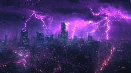 Obraz premium A cityscape under a powerful purple lightning storm, with intense lightning bolts illuminating the night and creating a striking contrast against the dark sky.