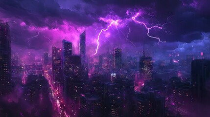Fototapeta premium A stormy night with purple lightning bolts illuminating the cityscape, creating a dynamic and electrifying scene as the lightning highlights the buildings and streets.