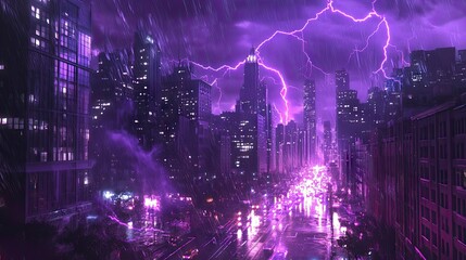Fototapeta premium A stormy night with purple lightning bolts electrifying the city, casting a dramatic glow over buildings and streets, creating a mesmerizing urban scene.