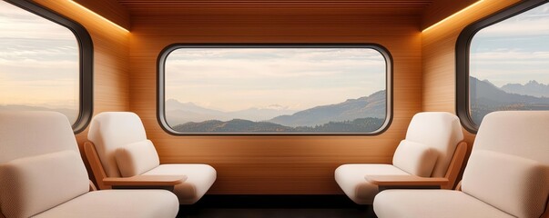 Scenic train passenger room with floor-to-ceiling windows and comfortable lounge chairs, scenic train room, immersive travel experience