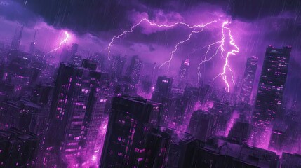 Obraz premium A stormy urban scene with purple lightning bolts streaking across the city, creating a dramatic and electrifying effect as the lightning highlights the buildings.