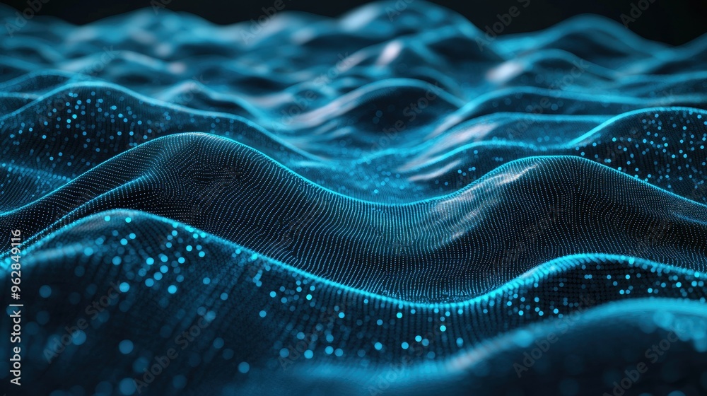 Poster abstract 3d terrain with horizontal blue lines of particles undulating on a dark backdrop, illustrat