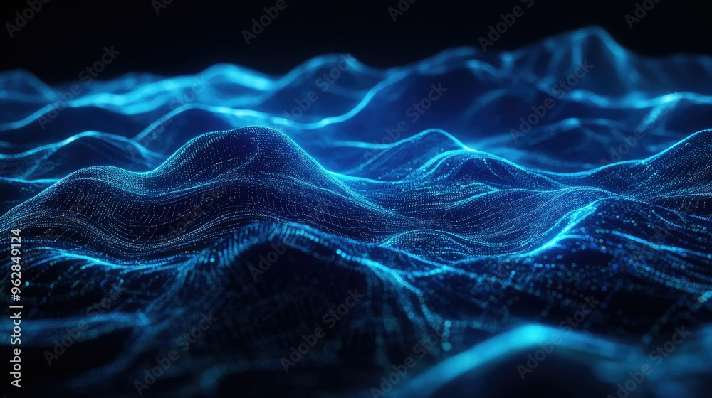 Poster abstract 3d terrain with horizontal blue lines of particles undulating on a dark backdrop, illustrat