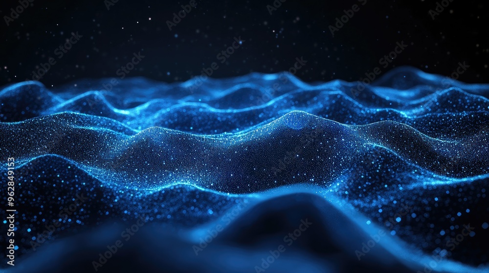 Poster abstract 3d terrain with horizontal blue lines of particles undulating on a dark backdrop, illustrat
