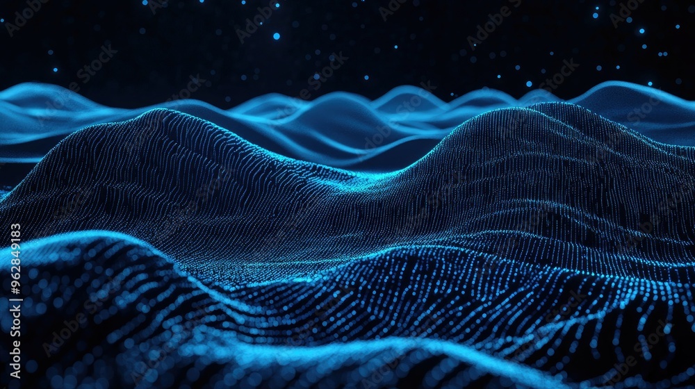 Poster abstract 3d terrain with horizontal blue lines of particles undulating on a dark backdrop, illustrat