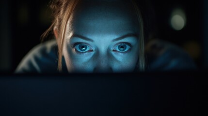 A young woman sits in a dark room, her eyes illuminated by the blue glow of her laptop as she concentrates on her tasks. The atmosphere reflects the focus and dedication required