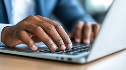 A focused individual types on a laptop, showcasing hands resting on keys. The setting features a well-lit office with a wooden desk, suggesting productivity and concentration