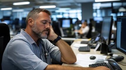 Obraz premium A man in a blue shirt appears to be deep in thought while resting his head on his hand at his cluttered desk. Multiple computer screens illuminate the background in a busy office