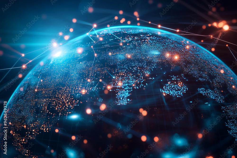 Poster globe with a network of lines and dots surrounding it. the globe is lit up with a blue and red color