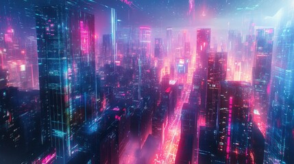 Obraz premium Abstract cityscape with neon-lit architecture and futuristic digital effects, offering a panoramic view of high-tech urban design and technology.