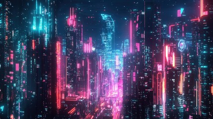 Abstract cityscape with neon-lit architecture and futuristic digital effects, offering a panoramic view of high-tech urban design and technology.