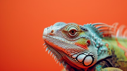 Fototapeta premium Detailed close-up of an iguana against a vibrant orange background. The intricate patterns and vivid colors of the iguana's scales are captured with clarity, highlighting its exotic beauty and unique