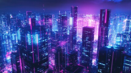 Obraz premium Abstract digital high-tech cityscape with panoramic view of neon-lit urban buildings and futuristic architectural designs.