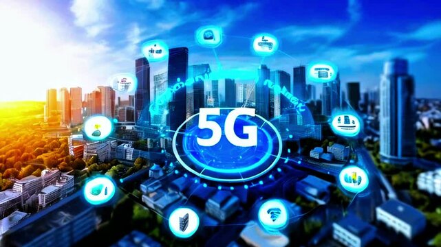 5G sign logo over a modern skyscraper city generative AI