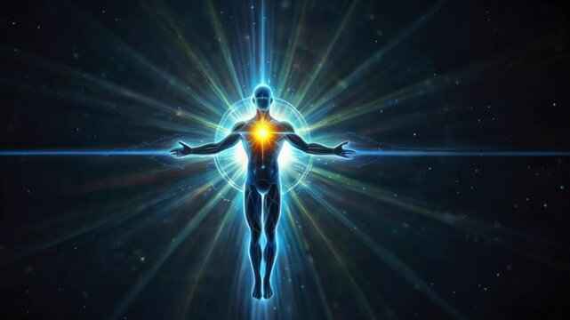 Person in the sky space with wide open arms glowing heard and light rays spreading from body, a supernatural celestial being generative AI