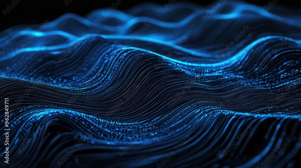 Leinwandbilder Black background with undulating blue lines of particles forming an abstract digital interface, ideal for modern tech and communication visuals.