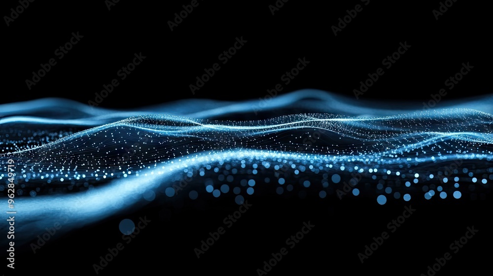 Poster black background with undulating blue lines of particles forming an abstract digital interface, idea