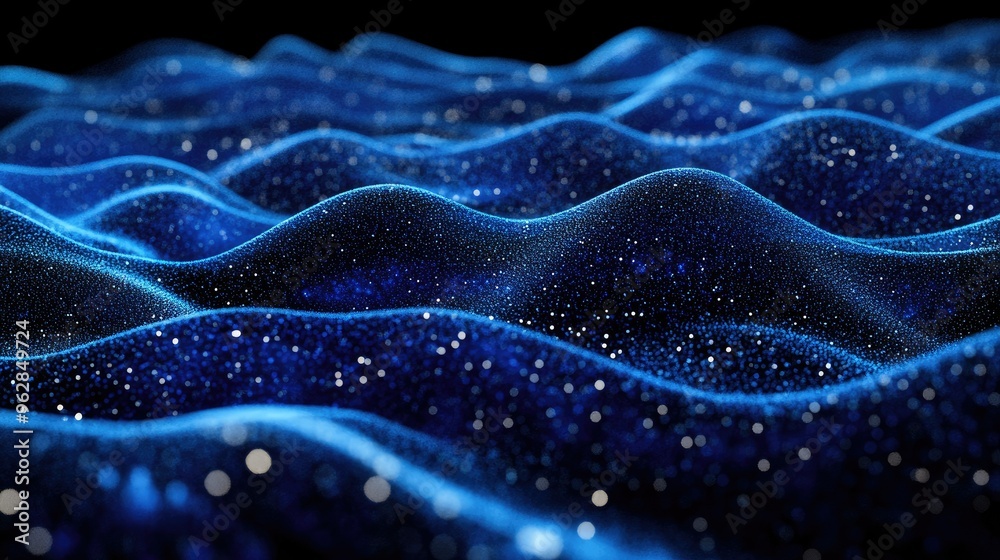 Poster blue horizontal lines of particles creating a wavy effect on a black canvas, ideal for tech visuals 