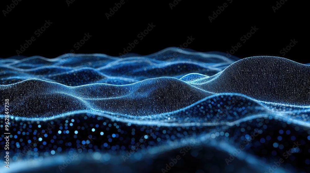 Poster blue horizontal lines of particles creating a wavy effect on a black canvas, ideal for tech visuals 