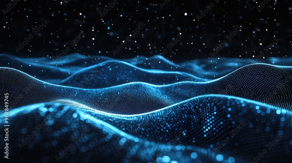 Poster blue horizontal lines of particles creating a wavy effect on a black canvas, ideal for tech visuals 