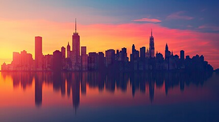 Obraz premium City skyline at sunset, with buildings casting long shadows and the sky ablaze with color