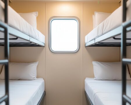 Sleeper train passenger room with bunk beds and a window, sleeper train passenger room, overnight train travel