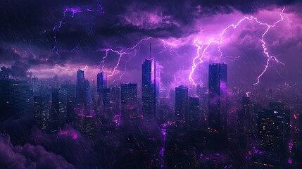 Fototapeta premium Cityscape in the midst of a thunderstorm with purple lightning, with bolts of lightning creating a striking visual effect against the dark sky and urban backdrop