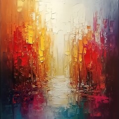 Abstract Oil Painting with Vibrant Red, Yellow, and Gold Textured Brushstrokes